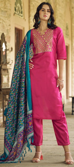 Pink and Majenta color Salwar Kameez in Blended fabric with Embroidered, Sequence, Thread, Zari work