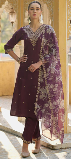 Purple and Violet color Salwar Kameez in Rayon fabric with Embroidered, Thread, Zari work
