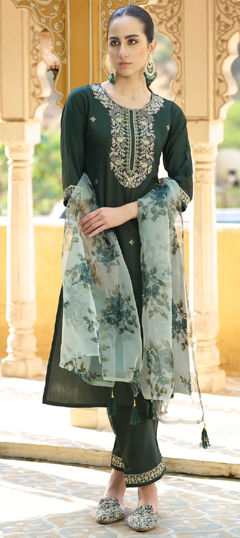 Green color Salwar Kameez in Rayon fabric with Embroidered, Thread, Zari work