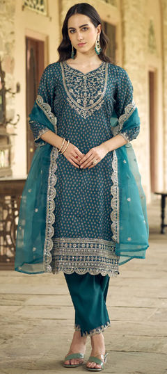Blue color Salwar Kameez in Muslin fabric with Embroidered, Printed, Thread, Zari work