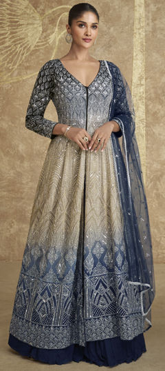 Beige and Brown, Blue color Long Lehenga Choli in Georgette fabric with Embroidered, Thread work