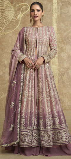 Pink and Majenta color Long Lehenga Choli in Georgette fabric with Embroidered, Thread work