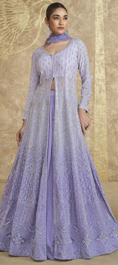 Purple and Violet color Long Lehenga Choli in Georgette fabric with Embroidered, Thread work