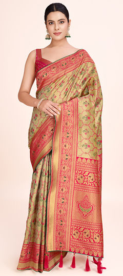 Pink and Majenta color Saree in Tissue fabric with Weaving work