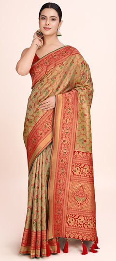 Red and Maroon color Saree in Tissue fabric with Weaving work