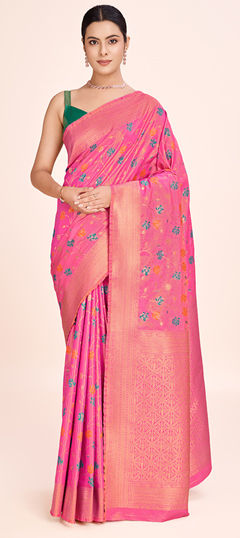 Pink and Majenta color Saree in Tissue fabric with Weaving work