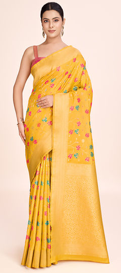 Yellow color Saree in Tissue fabric with Weaving work