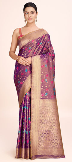 Beige and Brown color Saree in Tissue fabric with Weaving work