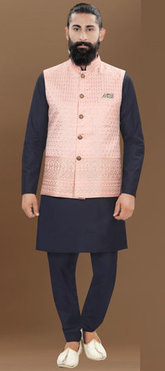 Blue color Kurta Pyjama with Jacket in Silk fabric with Weaving work