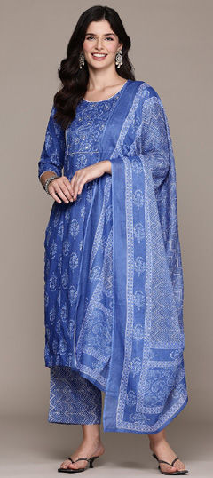 Blue color Salwar Kameez in Cotton fabric with Printed, Sequence work