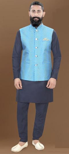 Blue color Kurta Pyjama with Jacket in Silk fabric with Digital Print work