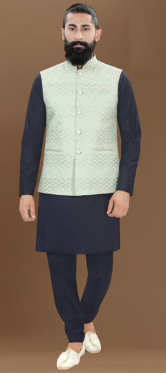 Blue color Kurta Pyjama with Jacket in Silk fabric with Embroidered, Thread work