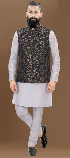 Black and Grey color Kurta Pyjama with Jacket in Silk fabric with Weaving work