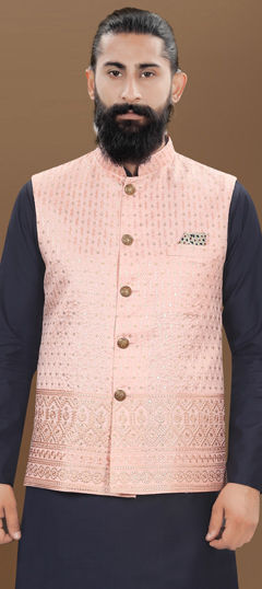 Pink and Majenta color Nehru Jacket in Jacquard fabric with Weaving work