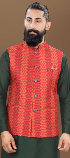 Red and Maroon color Nehru Jacket in Rayon fabric with Digital Print work
