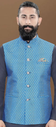 Blue color Nehru Jacket in Rayon fabric with Digital Print work