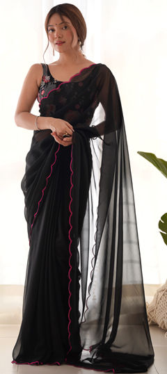 Black and Grey color Saree in Georgette fabric with Embroidered, Thread work