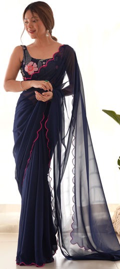 Blue color Saree in Georgette fabric with Embroidered, Thread work