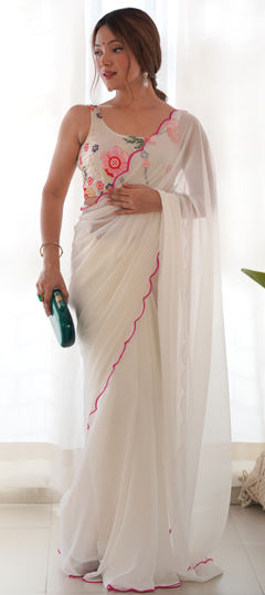 White and Off White color Saree in Georgette fabric with Embroidered, Thread work