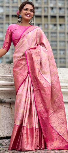 Pink and Majenta color Saree in Tissue fabric with Weaving, Zari work