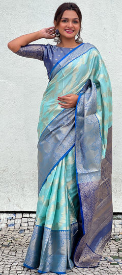 Blue color Saree in Tissue fabric with Weaving, Zari work