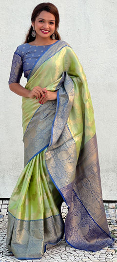 Green color Saree in Tissue fabric with Weaving, Zari work