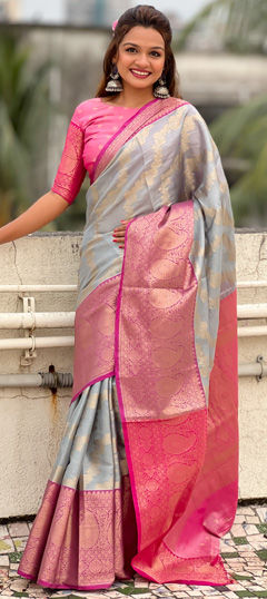 Black and Grey color Saree in Tissue fabric with Weaving, Zari work