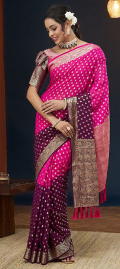 Pink and Majenta color Saree in Georgette fabric with Weaving, Zari work