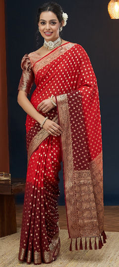 Red and Maroon color Saree in Georgette fabric with Weaving, Zari work