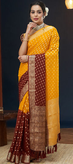 Yellow color Saree in Georgette fabric with Weaving, Zari work