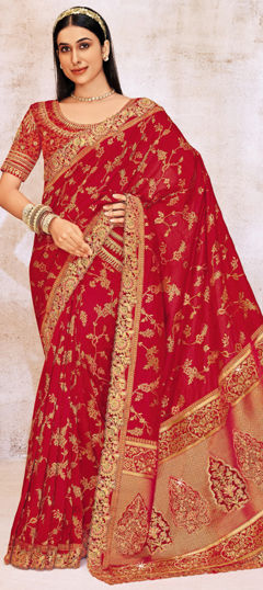 Red and Maroon color Saree in Silk fabric with Embroidered, Resham, Sequence, Thread, Zari work