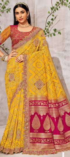 Yellow color Saree in Silk fabric with Embroidered, Resham, Sequence, Thread, Zari work