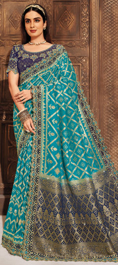 Blue color Saree in Silk fabric with Embroidered, Resham, Sequence, Thread, Zari work