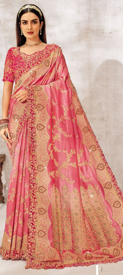 Pink and Majenta color Saree in Silk fabric with Embroidered, Resham, Sequence, Thread, Zari work