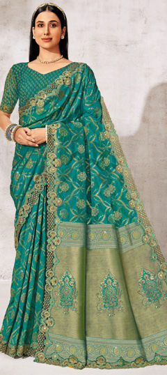 Blue color Saree in Silk fabric with Embroidered, Resham, Sequence, Thread, Zari work