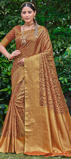 Beige and Brown color Saree in Silk fabric with Weaving, Zari work