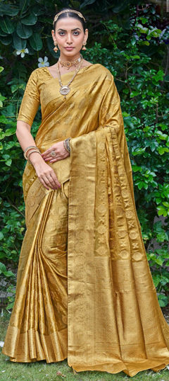 Gold color Saree in Silk fabric with Weaving, Zari work