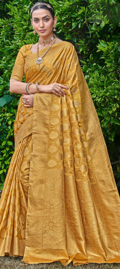 Gold color Saree in Silk fabric with Weaving, Zari work