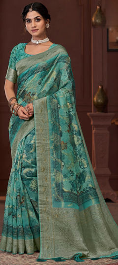 Blue color Saree in Silk fabric with Printed, Weaving work