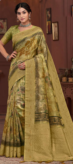 Gold, Green color Saree in Silk fabric with Printed, Weaving work