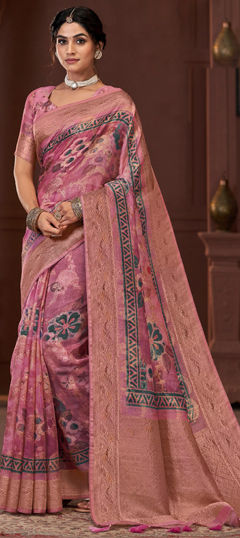 Pink and Majenta color Saree in Silk fabric with Printed, Weaving work