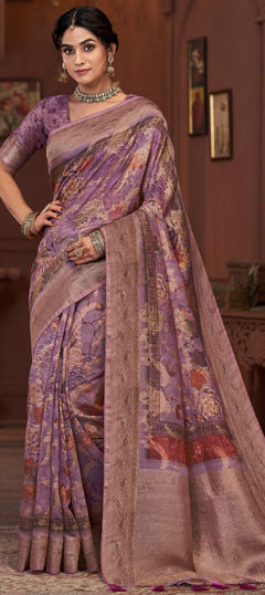 Purple and Violet color Saree in Silk fabric with Printed, Weaving work