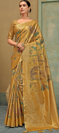 Gold color Saree in Silk fabric with Printed, Weaving work