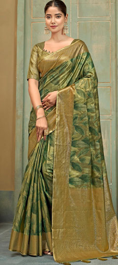 Green color Saree in Silk fabric with Printed, Weaving work