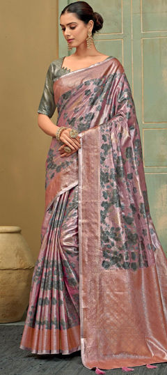 Purple and Violet color Saree in Silk fabric with Printed, Weaving work