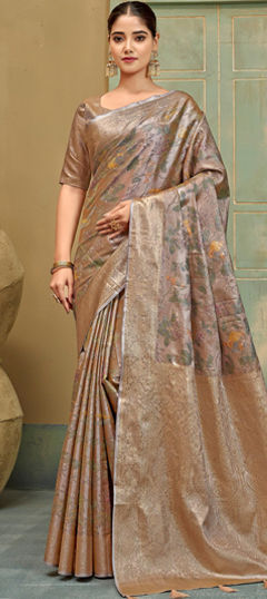 Beige and Brown color Saree in Silk fabric with Printed, Weaving work