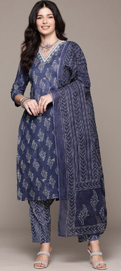 Blue color Salwar Kameez in Cotton fabric with Embroidered, Mirror, Printed, Sequence, Thread work