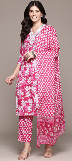 Pink and Majenta color Salwar Kameez in Cotton fabric with Embroidered, Mirror, Printed, Resham, Thread work