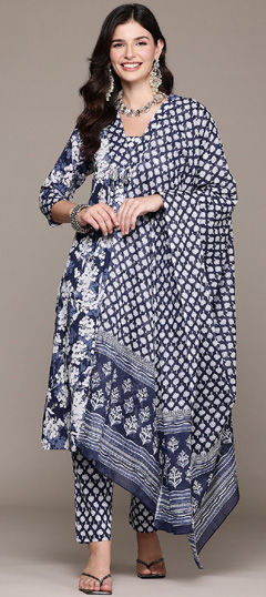 Blue color Salwar Kameez in Cotton fabric with Printed, Sequence work