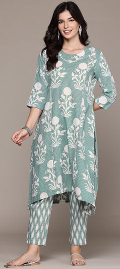 Green color Salwar Kameez in Cotton fabric with Floral, Lace, Printed work